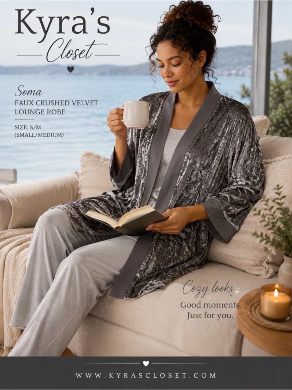 Soma Gray Faux Crushed Velvet Lounge Robe S/M Belted Soft Stretch